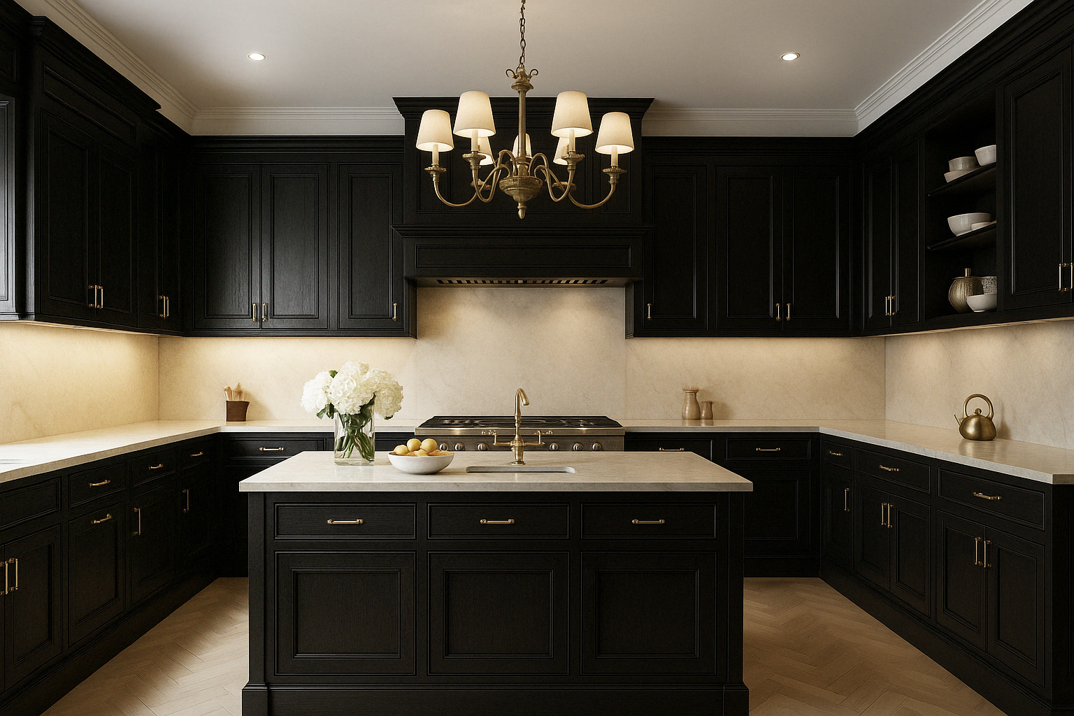 A modern kitchen featuring dark cabinetry, a marble countertop, and a stylish chandelier, complemented by a floral arrangement and decorative items.